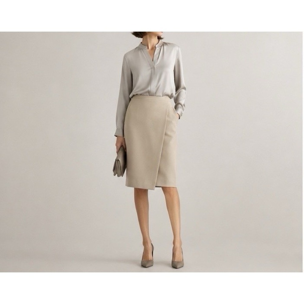 Giorgio Armani VTG Beige Wool Wrap Pencil Midi Skirt IT 44 US 8 Italy Vestimenta